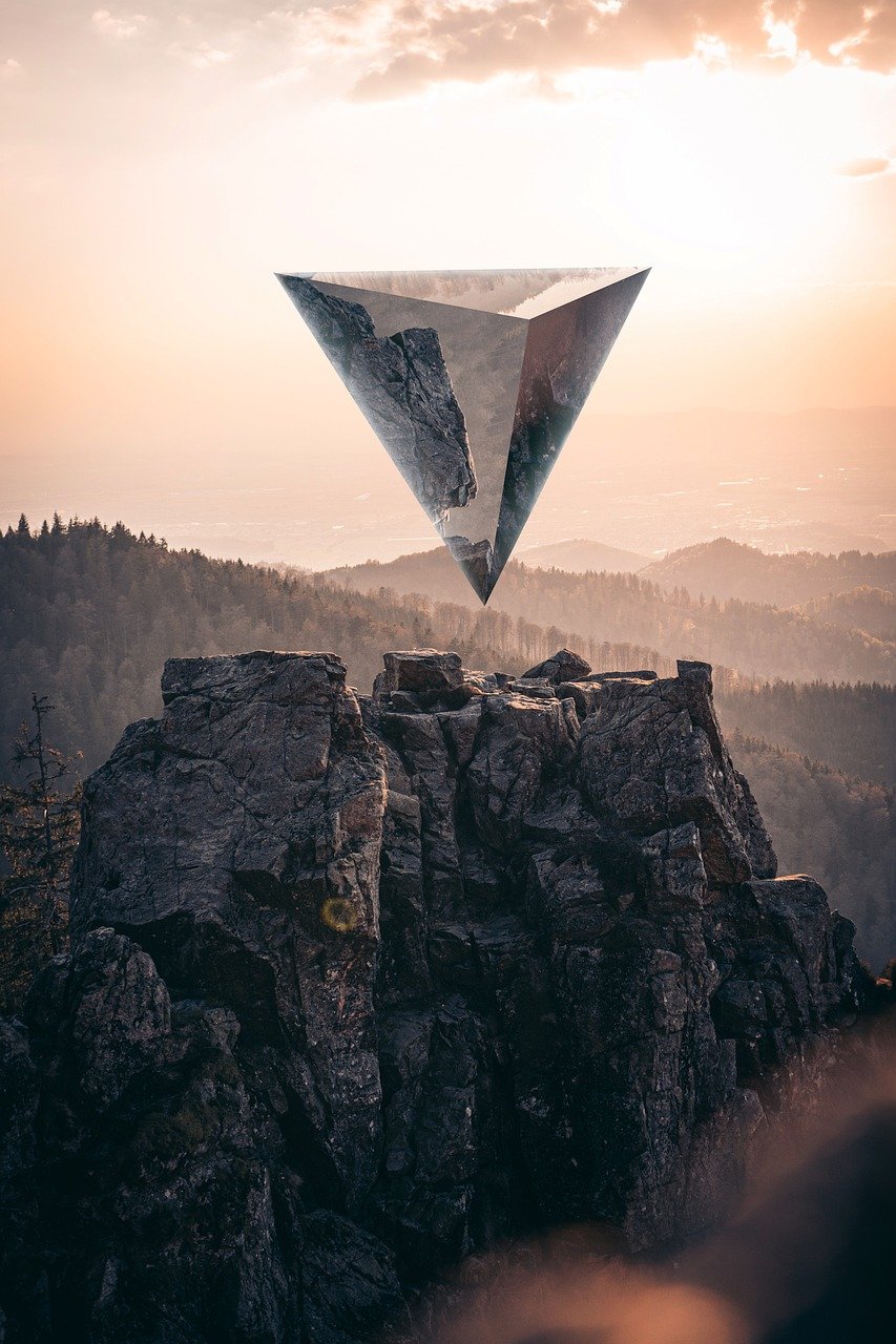 pyramid, mountains, upside down pyramid, landscape, cliffs, summit, surreal, fantasy, nature, digital manipulation, sunset
